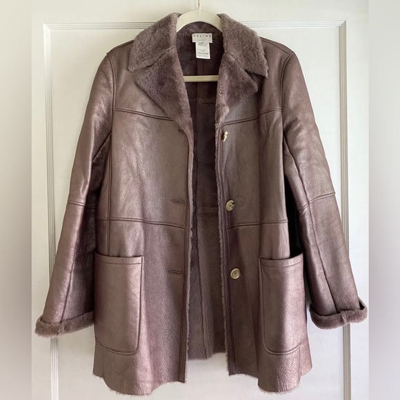 Celine Leather Shearling Metallic Coat Jacket Size 40 - Picture 3 of 8